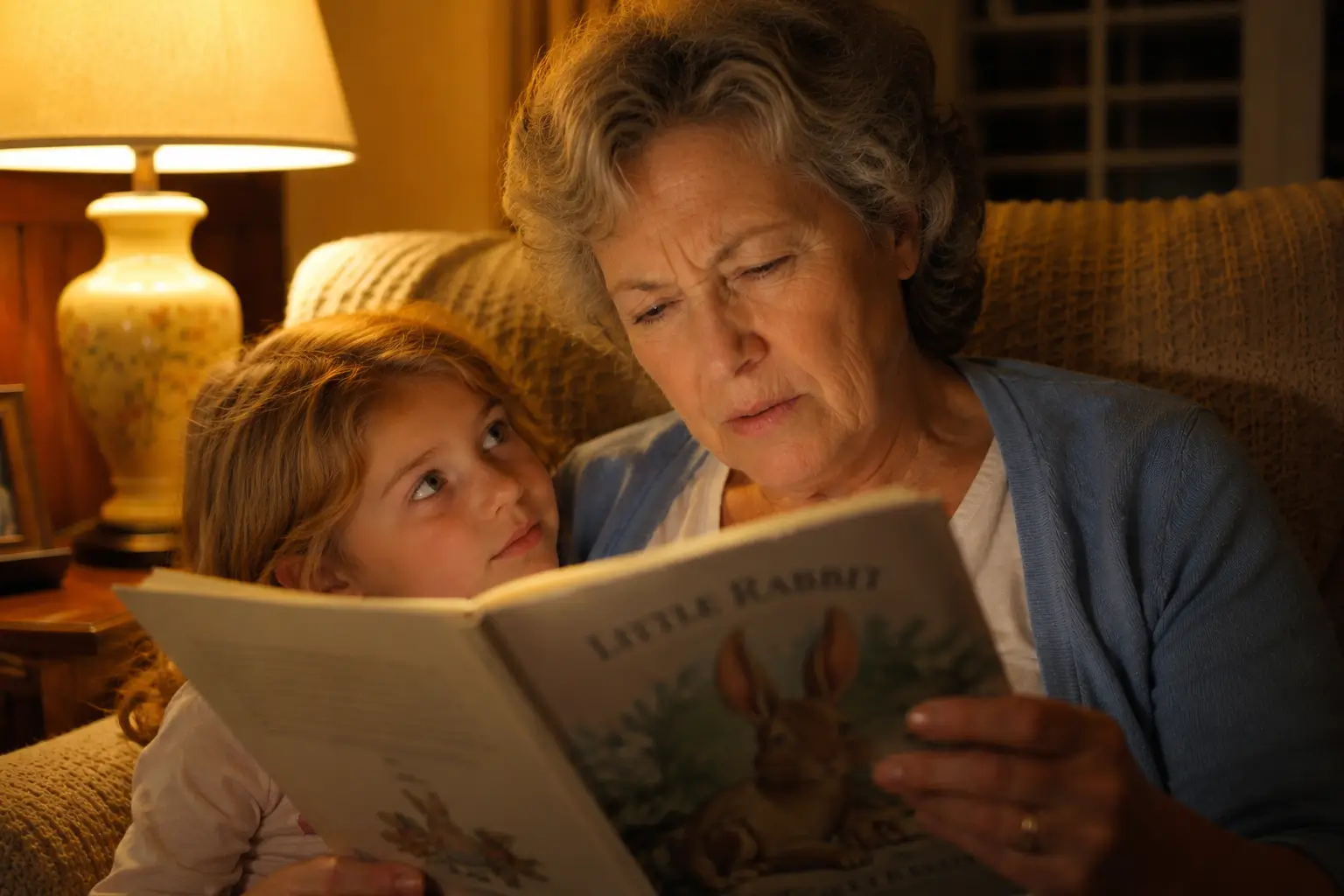 Margaret squinting and frowning as she struggles to read a children's book to her granddaughter Emma, who sits on her lap looking up at her